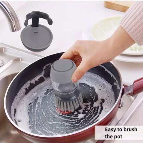 Dish Brush with Soap Dispenser, Soap Dispensing Palm Brush, Kitchen Scrub Brushes Scrubber with Holder for Dish Sink Pot Pan Washing and Cleaning