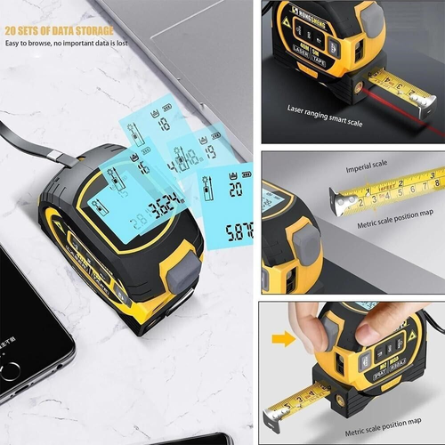 MeasurinSight 3-in-1 Infrared Laser Tape Measuring, 3 in 1 Infrared Laser Tape, 3 in 1 Digital Distance Meters with LED Display (Yellow)
