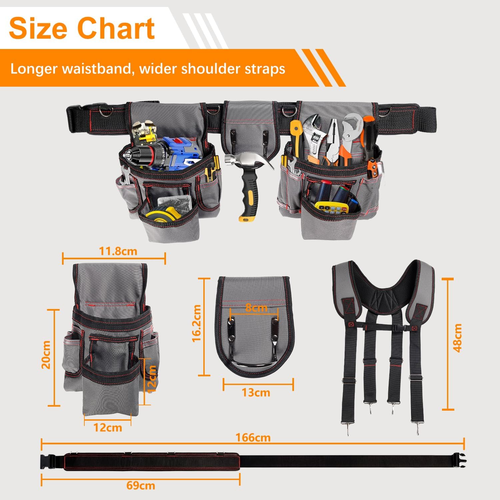 New Design Multi Functional Double Tool Belt Bag Tool Belt with Suspenders, Professional Tool Belt for Men, 18 Pocket Adjustable Heavy Duty Tool Organizer for Electrician