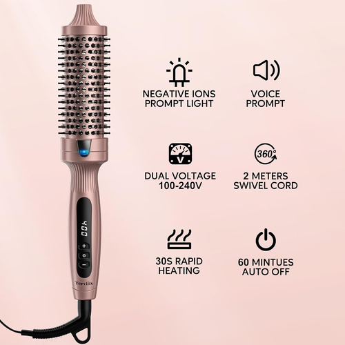 Terviiix Thermal Brush Get Voluminous Style, Quick Heating Hot Brush, Ceramic Tourmaline Ionic Heated Curling Iron, Digital Display 9 Temperatures Curling...