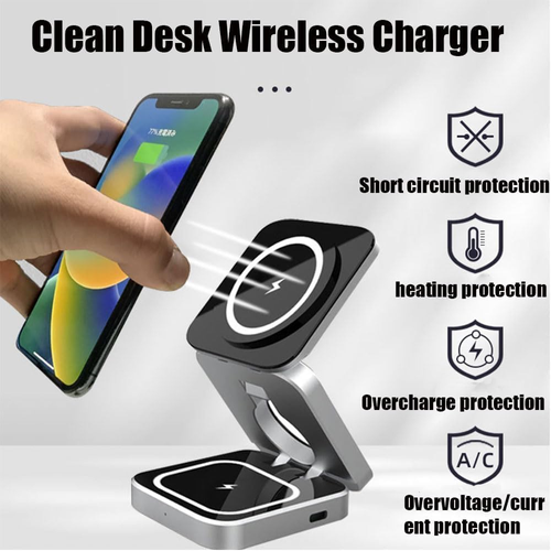 Clean Desk Wireless Charger,3 In 1 Foldable Magnetic Wireless Charger,Foldable Magnetic Wireless Charger & Stand Kit,Neodesk 3 In 1 Charger,Wireless Phone Charger For Android And Ios
