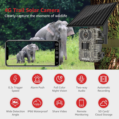 4G LTE Outdoor Hunting Camera with 4W Solar Panel 2K 4MP Resolution, IP66 Waterproof, Night Vision & PIR Motion Detection