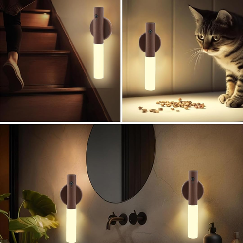 LANDGOO Wooden Nursery Night Light, LED Motion Sensor Nursing Lamp, USB Rechargeable Magnetic 360° Rotation Bedside Lighting for Bedroom Bathroom, Walnut Wood