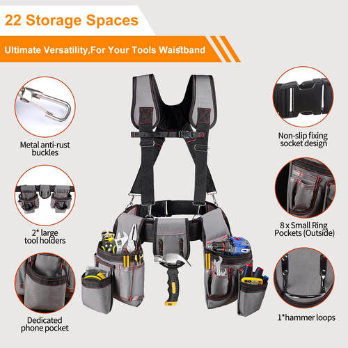 New Design Multi Functional Double Tool Belt Bag Tool Belt with Suspenders, Professional Tool Belt for Men, 18 Pocket Adjustable Heavy Duty Tool Organizer for Electrician