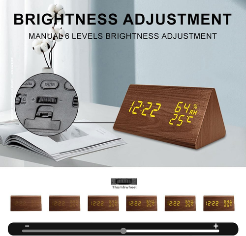 Wooden Digital Alarm Clocks for Bedrooms, Electric Desk Clock Smart LED Digital Clock with Time Temperature and Humidity Displaying, 12 24H