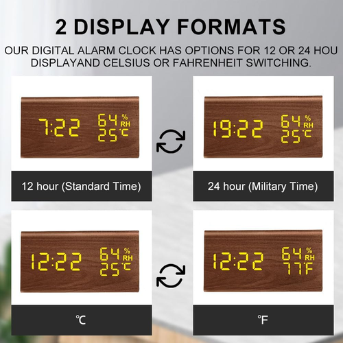 Wooden Digital Alarm Clocks for Bedrooms, Electric Desk Clock Smart LED Digital Clock with Time Temperature and Humidity Displaying, 12 24H