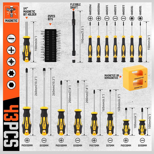 HORUSDY 43-piece Screw driver Kit, Include Phillips, Slotted, Pozidriv, Hex, Torx, and Magnetizer demagnetizer Precision Screwdriver Set for Tools for Men