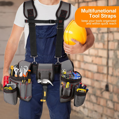 New Design Multi Functional Double Tool Belt Bag Tool Belt with Suspenders, Professional Tool Belt for Men, 18 Pocket Adjustable Heavy Duty Tool Organizer for Electrician