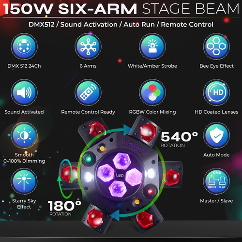 Flashback Events 6-Arm 150W RGBW Bee-Eye Spider DJ Moving Head Light – LED Stage Lighting with DMX512, Sound Activated Beam Wash, Strobe & Starry...