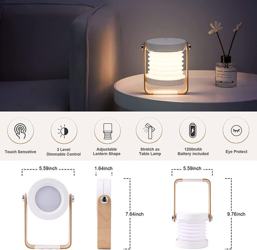 Click to see full view        4-in-1 Foldable Table Lamp, Portable Telescopic LED Night Light,Wooden Handle Portable Lantern Light and Flashlight,Touch Control Dimmable 3 Level Brightness Night Light