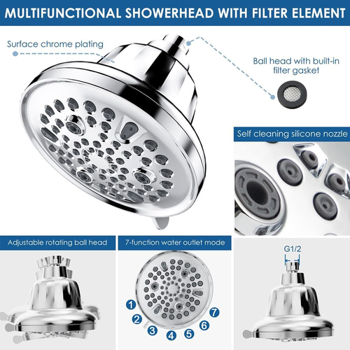 Multi-Functional 6-Setting Filtered Top Spray Home Shower Head - New Model with Pressure Boosting & Water Purification