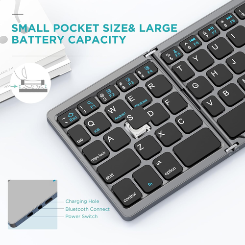 Click to see full view Foldable Bluetooth Keyboard with Touchpad - Portable Wireless Keyboard with Holder, Rechargeable Full Size Ultra Slim Pocket Folding Keyboards for Android Windows iOS Tablet & Laptop Travel Keyboards