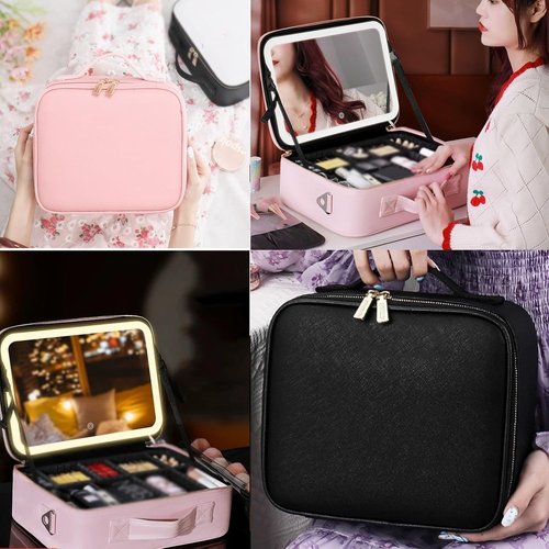 Smacen Large capacity Cosmetics Train Case with LED Lighted Mirror Rechargeable 3 Color Lights Adjustable Brightness Portable Makeup bag with Adjustable...
