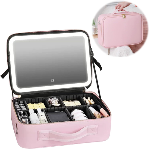 Smacen Large capacity Cosmetics Train Case with LED Lighted Mirror Rechargeable 3 Color Lights Adjustable Brightness Portable Makeup bag with Adjustable...