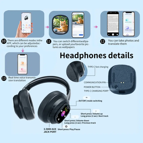 HYUNDAI X1 Pro Wireless Bluetooth 6.0 Headphones with Detachable Full Color LCD Touch Screen, Support Customizable Screen Wallpaper, Audio Headset for Music & Phone Calls