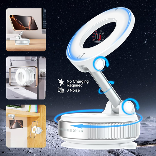 K007 Vacuum Suction Magnetic Bracket, 360° Rotatable Vacuum Suction Magnetic Car Phone Holder, for Car, Mirror, Smooth Surface (White)