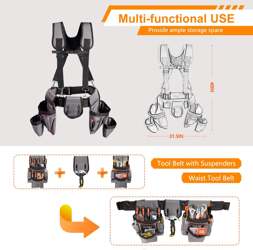 New Design Multi Functional Double Tool Belt Bag Tool Belt with Suspenders, Professional Tool Belt for Men, 18 Pocket Adjustable Heavy Duty Tool Organizer for Electrician