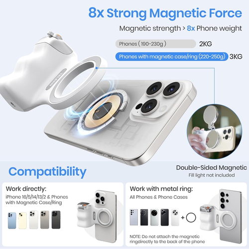 Magnetic Phone Camera Grip, Smartphone Shooting Holder Selfie Handle Snap with Wireless Shutter Button Remote for iPhone 16 15 14 13 12 Pro Max Android Cellphone Vlog Video Photography