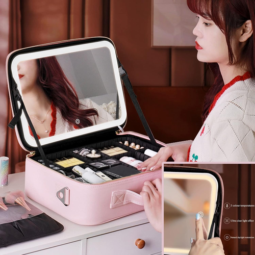 Smacen Large capacity Cosmetics Train Case with LED Lighted Mirror Rechargeable 3 Color Lights Adjustable Brightness Portable Makeup bag with Adjustable...