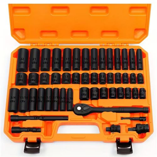 YSJOYTOOL 3-8 Drive Impact Socket Set, 50-Piece Standard SAE (5-16 to 3-4 inch) and Metric (8-22mm) Size, 6 Point, Cr-V, 3-8-Inch Ratchet Handle,...