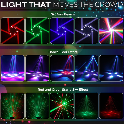 Flashback Events 6-Arm 150W RGBW Bee-Eye Spider DJ Moving Head Light – LED Stage Lighting with DMX512, Sound Activated Beam Wash, Strobe & Starry...