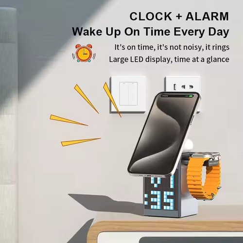 6-in-1 Wireless Charger Speaker with Alarm Clock – Pixel Animation Display, 15W Fast Charging, USB-C, LED Clock, Night Light, and Bluetooth Speaker – Black