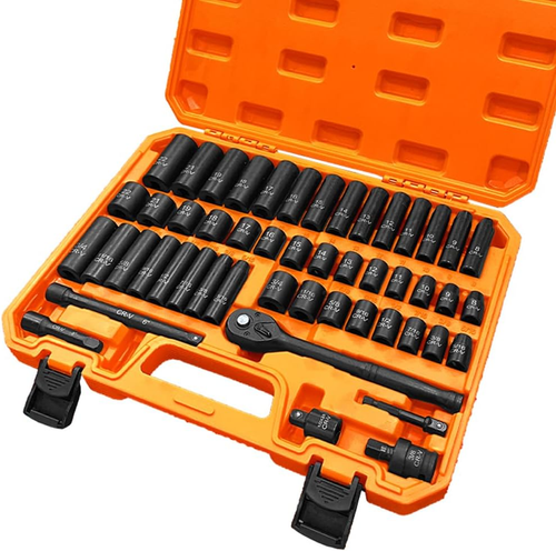 YSJOYTOOL 3-8 Drive Impact Socket Set, 50-Piece Standard SAE (5-16 to 3-4 inch) and Metric (8-22mm) Size, 6 Point, Cr-V, 3-8-Inch Ratchet Handle,...