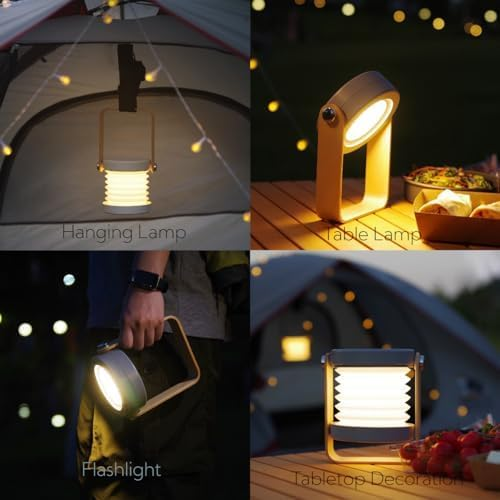 Click to see full view        4-in-1 Foldable Table Lamp, Portable Telescopic LED Night Light,Wooden Handle Portable Lantern Light and Flashlight,Touch Control Dimmable 3 Level Brightness Night Light