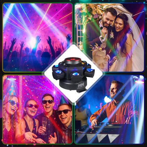 Flashback Events 6-Arm 150W RGBW Bee-Eye Spider DJ Moving Head Light – LED Stage Lighting with DMX512, Sound Activated Beam Wash, Strobe & Starry...