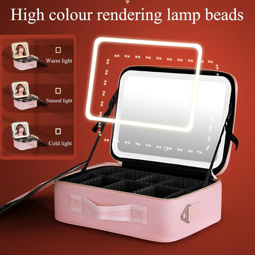 Smacen Large capacity Cosmetics Train Case with LED Lighted Mirror Rechargeable 3 Color Lights Adjustable Brightness Portable Makeup bag with Adjustable...