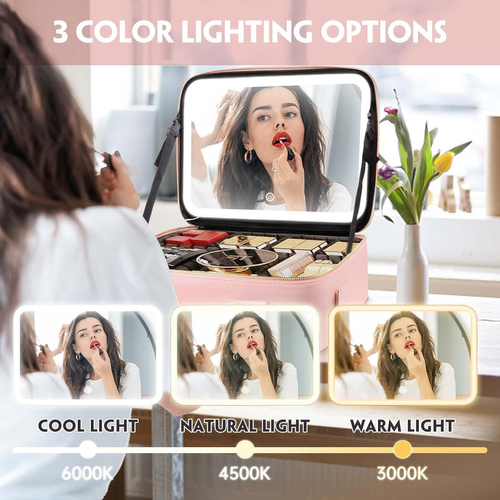 Smacen Large capacity Cosmetics Train Case with LED Lighted Mirror Rechargeable 3 Color Lights Adjustable Brightness Portable Makeup bag with Adjustable...