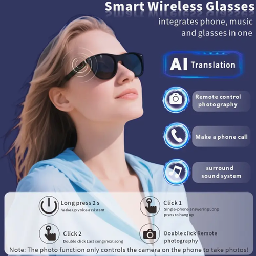 Smart Glasses with Voice Assistant Smart Glasses - Wireless Headset with Built-in Microphone, Speaker, Touch and Voice Assistant, Remote Camera Control