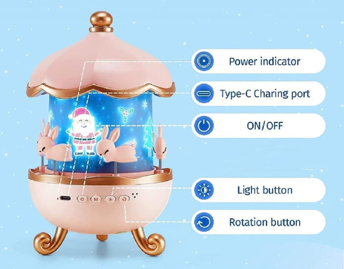 Musical Carousel Night Light with Rotating Bunnies, Star Projector Bunnie Night Light with 6 Projection Theme and 8 Smooth Sound - Pink