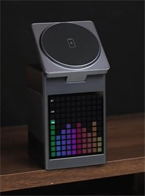 6-in-1 Wireless Charger Speaker with Alarm Clock – Pixel Animation Display, 15W Fast Charging, USB-C, LED Clock, Night Light, and Bluetooth Speaker – Black