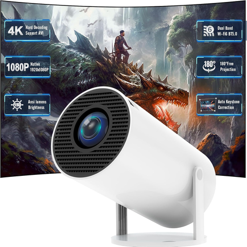 Mini Projector with WiFi and Bluetooth, 4K Supported Native 1080P FHD Portable Projector with Android 11, 180° Rotatable and Aut Level Correction Outdoor Projector for Laptop  Smartphone TV Stick