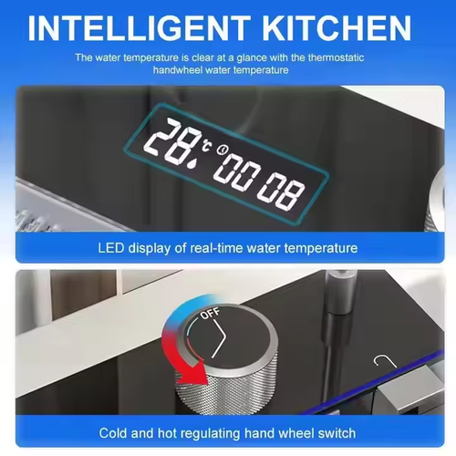 New Trend Smart Step-Design Kitchen Faucet: Multi-Functional Waterfall Spout, Easy-to-Clean & Dual-Sink Matched with Digital Display
