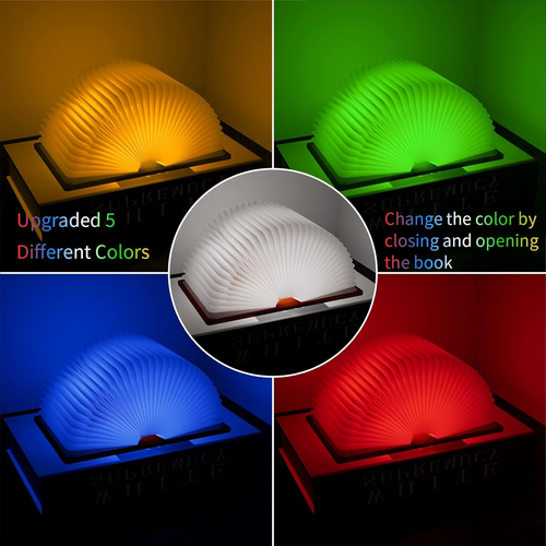 Wooden Book Light, Novelty Folding Book Lamp, 5 Colors Folding Night Light, Portable Desk Light USB Rechargeable Wooden Table Lamp Magnetic Design Creative..