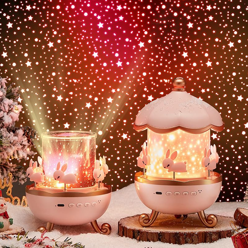 Musical Carousel Night Light with Rotating Bunnies, Star Projector Bunnie Night Light with 6 Projection Theme and 8 Smooth Sound - Pink