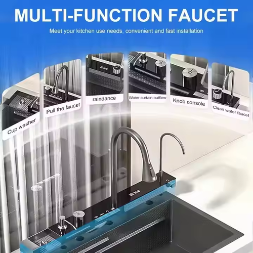 New Trend Smart Step-Design Kitchen Faucet: Multi-Functional Waterfall Spout, Easy-to-Clean & Dual-Sink Matched with Digital Display