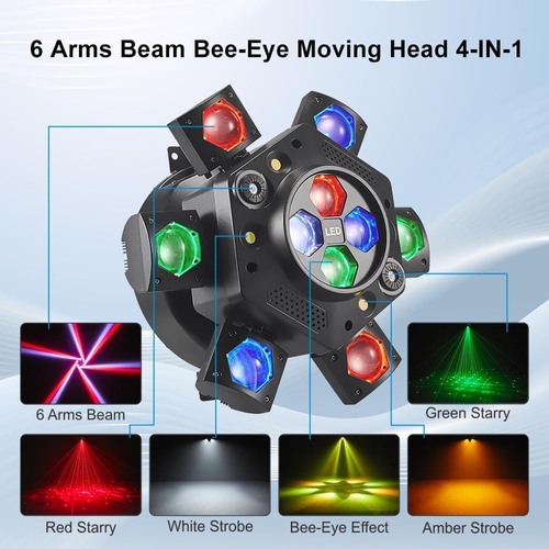 Flashback Events 6-Arm 150W RGBW Bee-Eye Spider DJ Moving Head Light – LED Stage Lighting with DMX512, Sound Activated Beam Wash, Strobe & Starry...