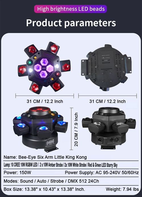 Flashback Events 6-Arm 150W RGBW Bee-Eye Spider DJ Moving Head Light – LED Stage Lighting with DMX512, Sound Activated Beam Wash, Strobe & Starry...
