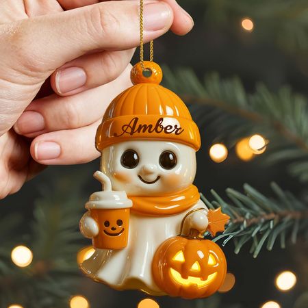 Fira mysiga höstvibbar med spöke och pumpa, personlig träprydnad, present till familj och Halloweenälskare