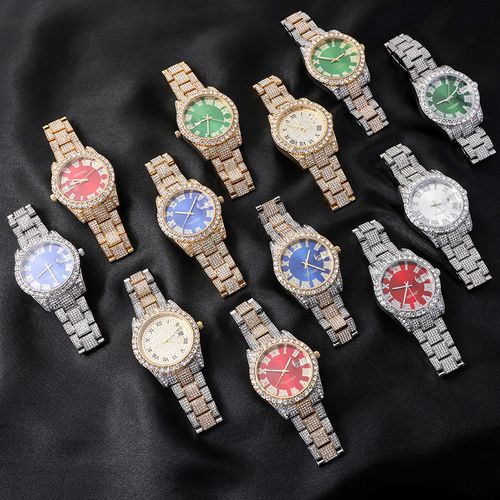 Hip-hop watch Roman numeral diamond men's watch fashion personality trend brand green face large dial quartz watch