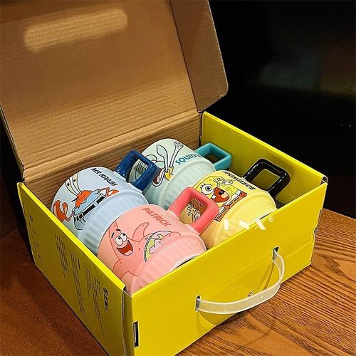 Promotional Matte Cartoon Sponge Bob 4-Piece Porcelain Cup Set Modern Design Dishwasher Microwave Safe Stackable Mugs for Home