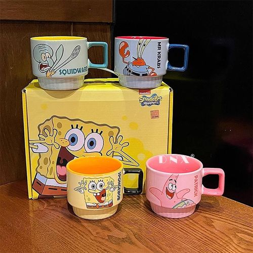 Promotional Matte Cartoon Sponge Bob 4-Piece Porcelain Cup Set Modern Design Dishwasher Microwave Safe Stackable Mugs for Home