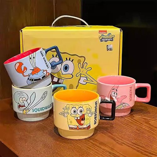 Promotional Matte Cartoon Sponge Bob 4-Piece Porcelain Cup Set Modern Design Dishwasher Microwave Safe Stackable Mugs for Home