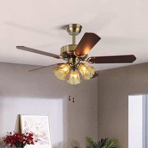Classic 5-Blade Wooden Ceiling Fan with Vintage Glass Chandelier Light