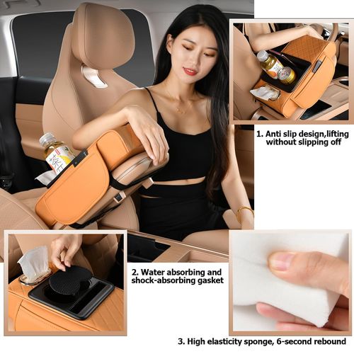 🔥Hot Seller🔥 COD Car armrest mat for SUV, with cup holder  2.75 inch (approx. 2.75 cm) height 5-in-1 center console cover with 2 storage bags, tissue box slot, and phone slot for cars  car accessory interior organizer (black and red).