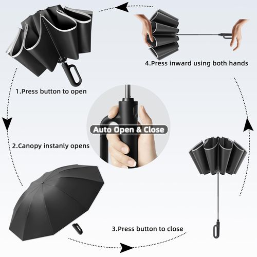 🔥Hot Seller🔥 CODCuysfead Inverted Travel Umbrella with Carabiner Handle, Ring Buckle for Rain and UV Protection, Compact Reverse with Reflective Strip for Women Men, Haze Blue