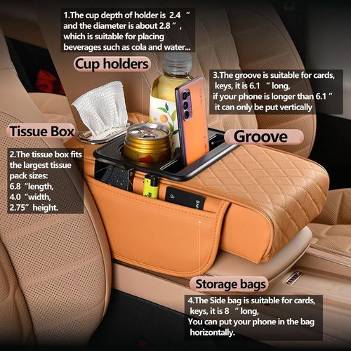 🔥Hot Seller🔥 COD Car armrest mat for SUV, with cup holder  2.75 inch (approx. 2.75 cm) height 5-in-1 center console cover with 2 storage bags, tissue box slot, and phone slot for cars  car accessory interior organizer (black and red).